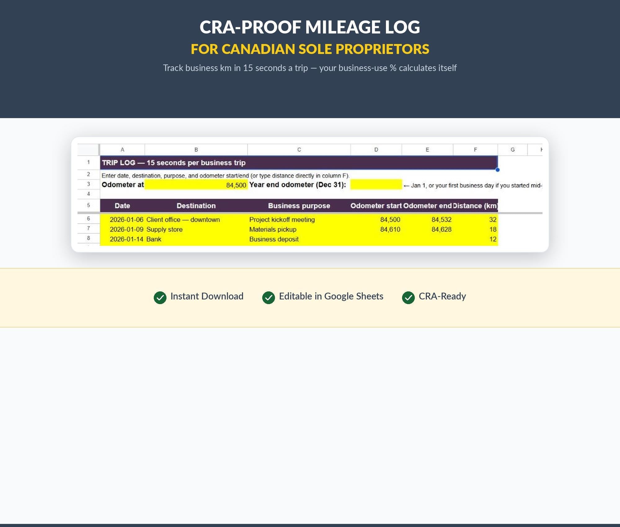 Canadian Sole Proprietor Mileage Log | Google Sheets T2125 Km Tracker (Digital Download)