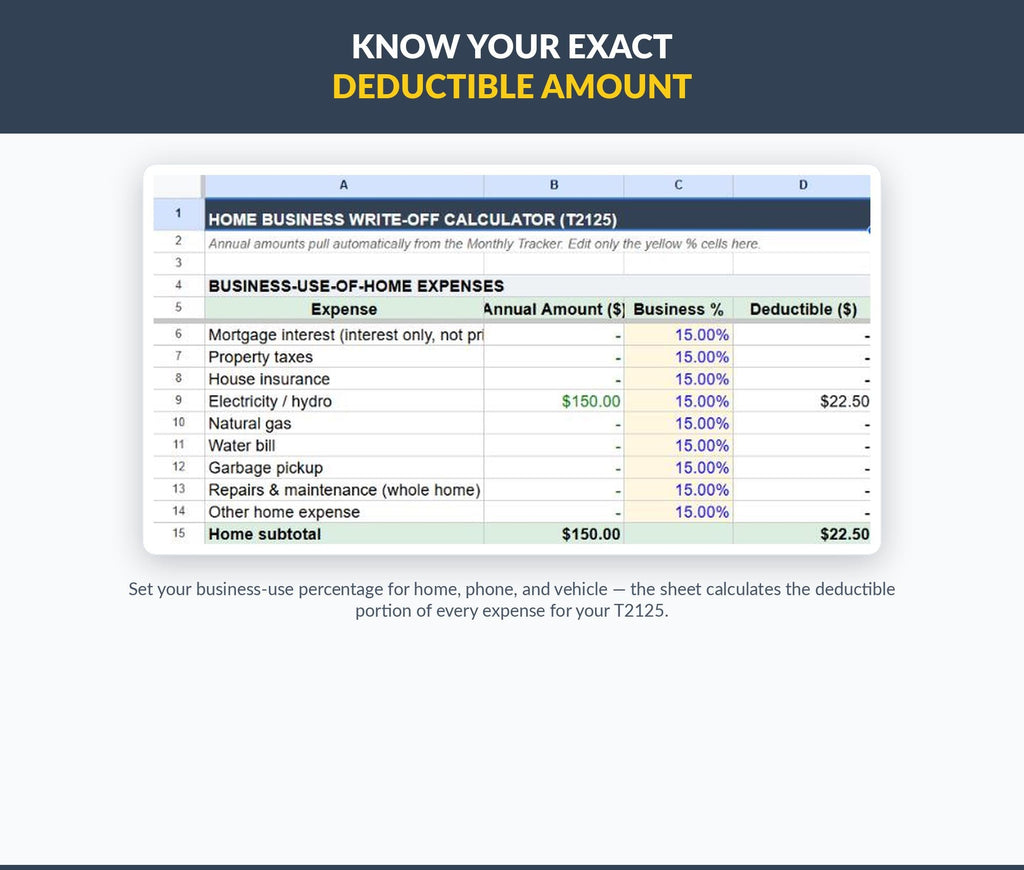 Canadian Home Business Expense Tracker | Google Sheets T2125 Write-Off Calculator
