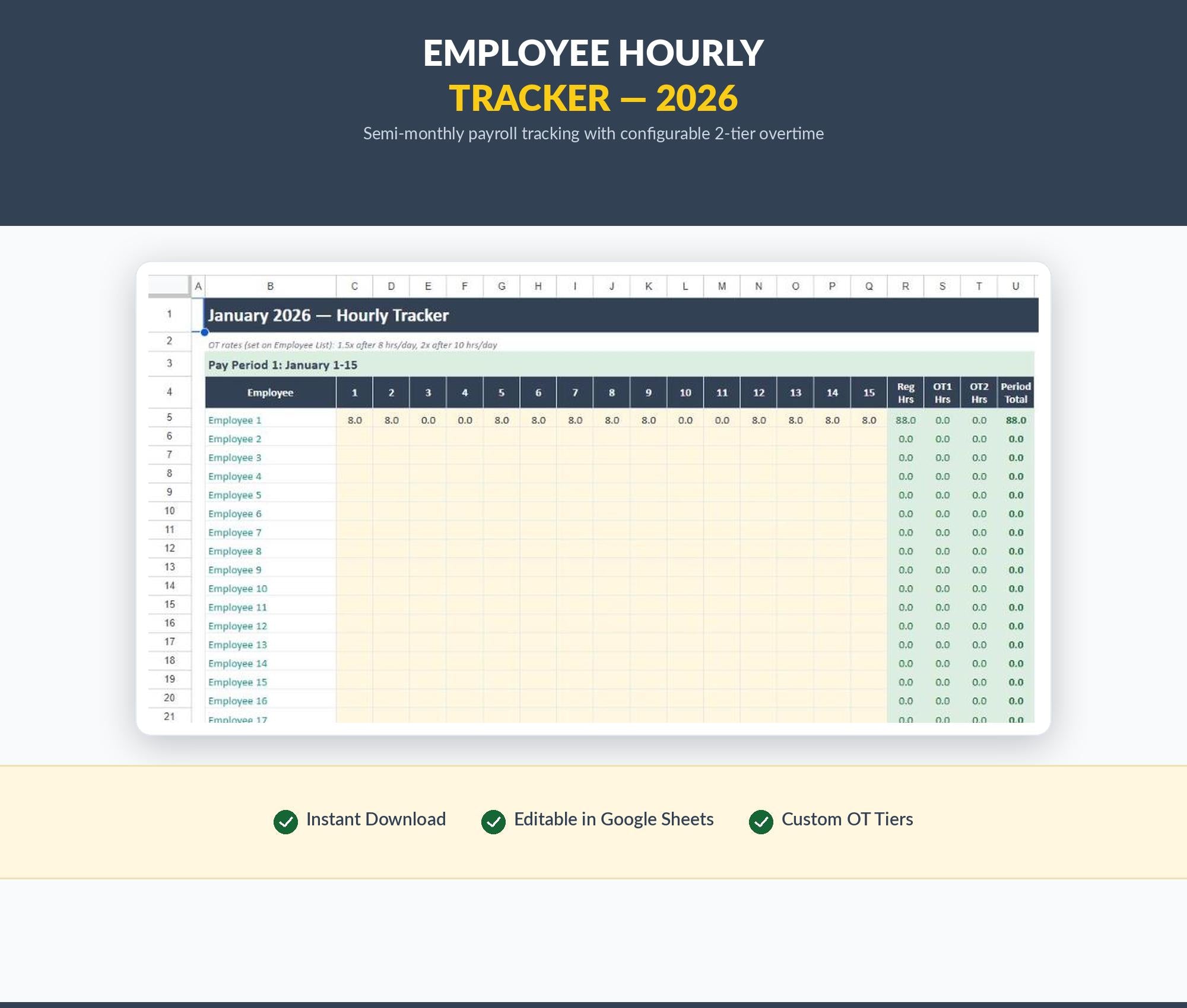 Employee Hourly Tracker Google Sheets | Semi-Monthly Payroll Timesheet (Digital Download)