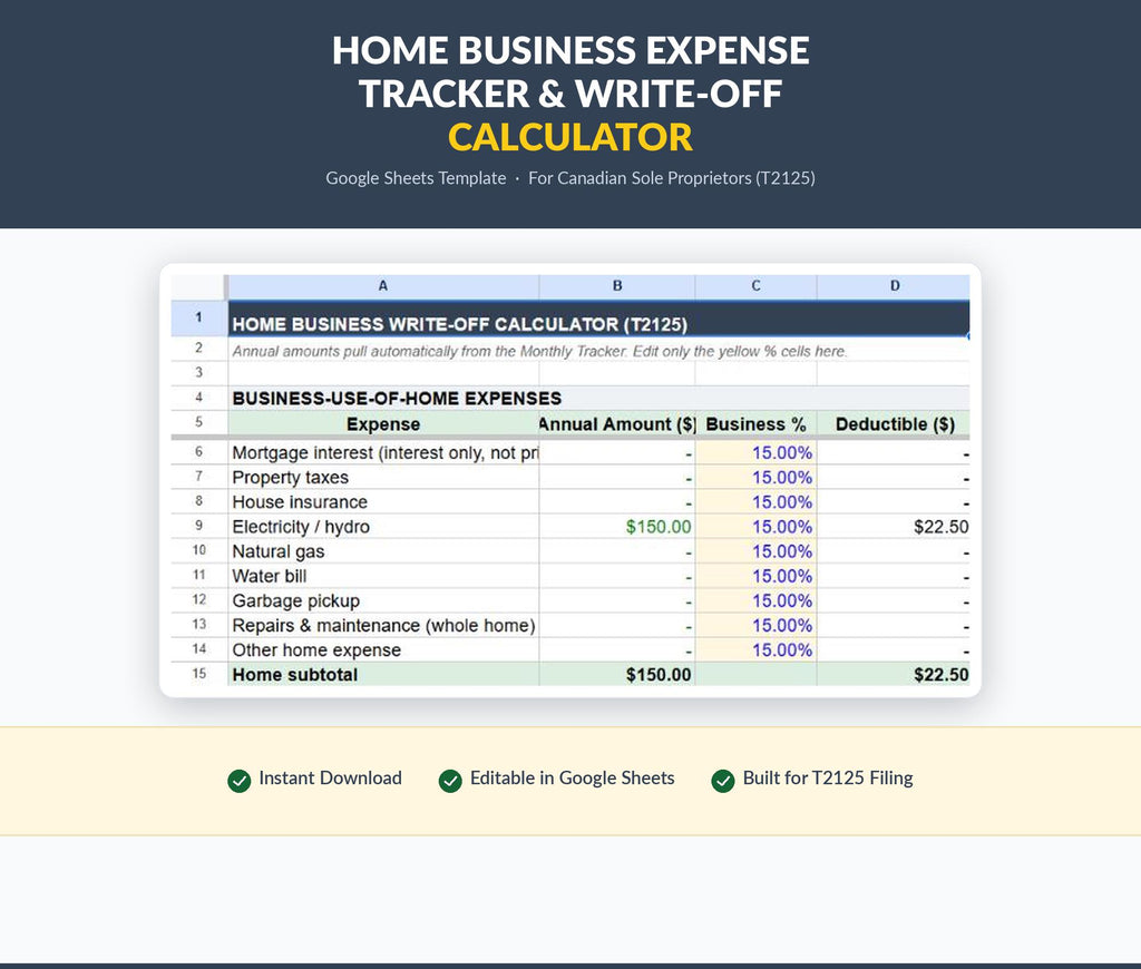 Canadian Home Business Expense Tracker | Google Sheets T2125 Write-Off Calculator
