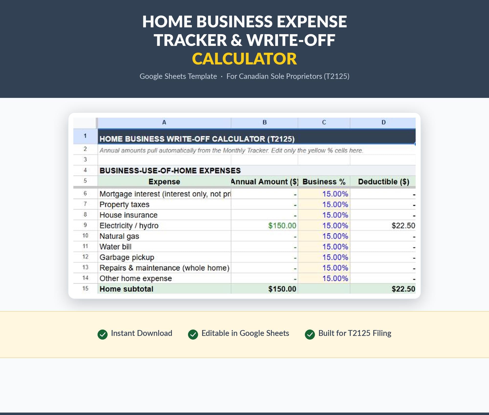 Canadian Home Business Expense Tracker | Google Sheets T2125 Write-Off Calculator