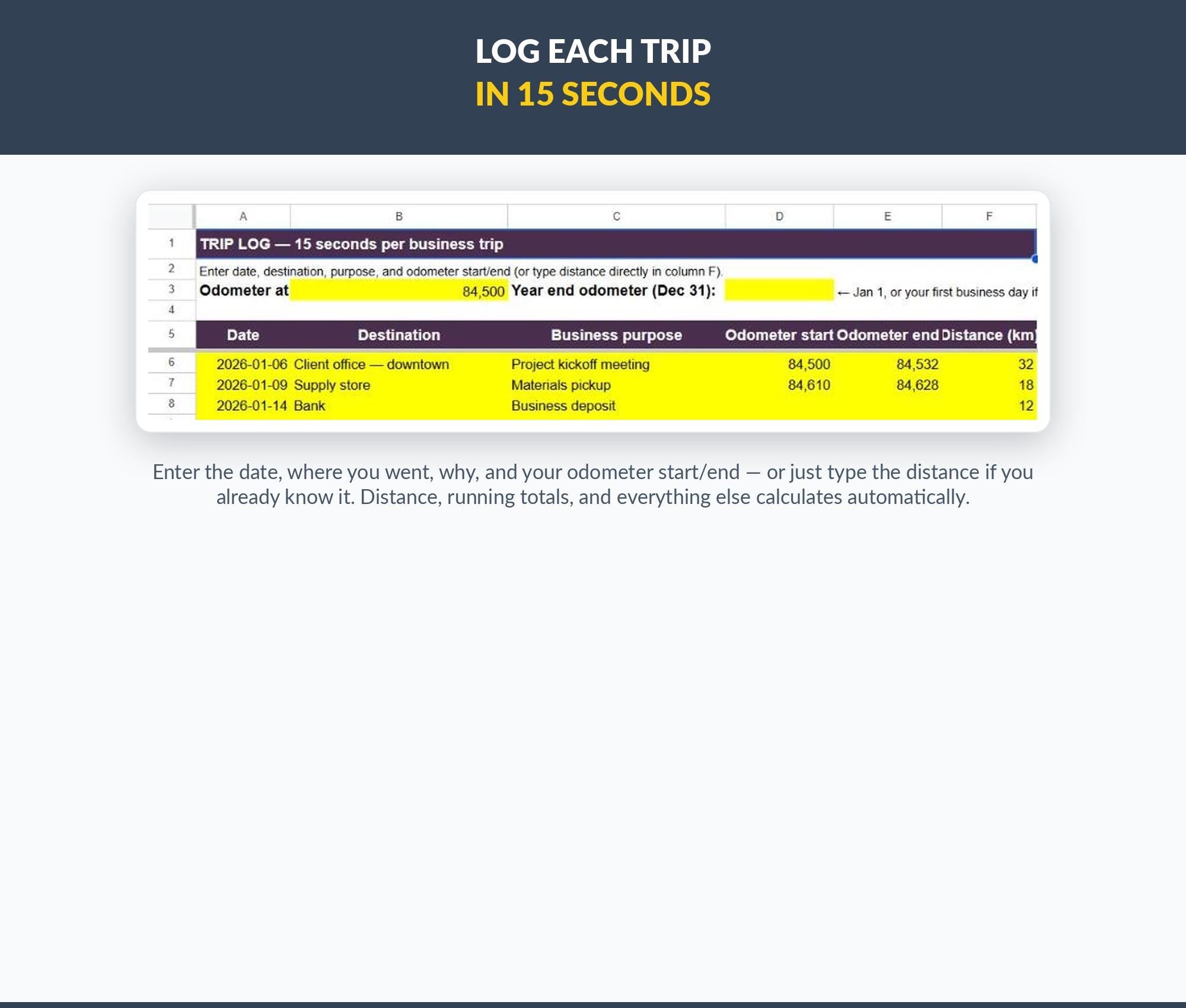 Canadian Sole Proprietor Mileage Log | Google Sheets T2125 Km Tracker (Digital Download)